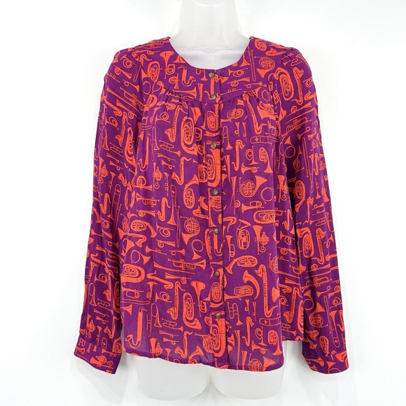22 Of 52 Conversations Anthropologie Top Women 10 Instrument Novelty Print Artsy - Picture 1 of 13